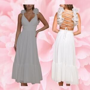 LULU'S XL Contemporary Poise White Pleated Ruffled Lace-Up Midi Dress NEW B86